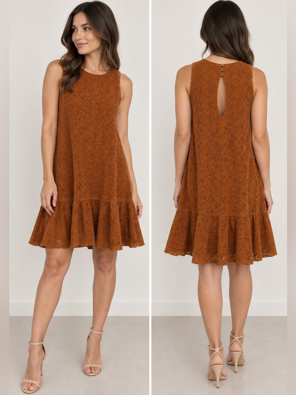 Maeve Anthropologie Rust Brown Ruffle Hem Keyhole Back Lace Mini Dress Size 4P